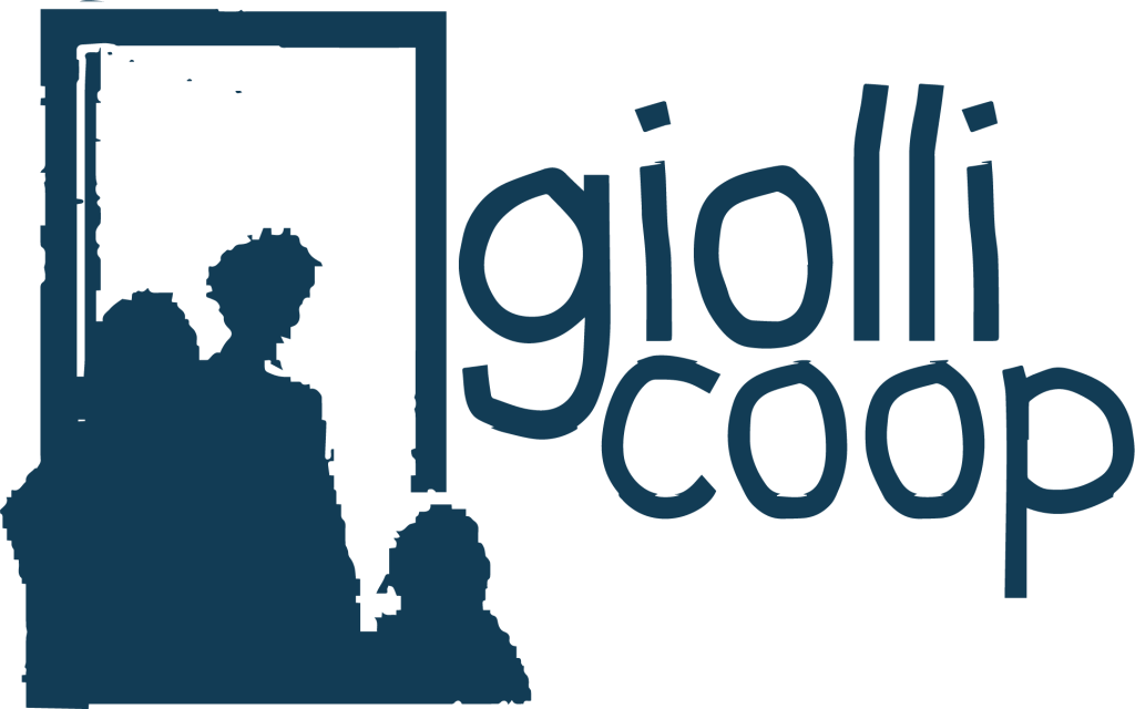 The logo for Giolli cooperative showing three people standing at a doorway and the name of the organisation