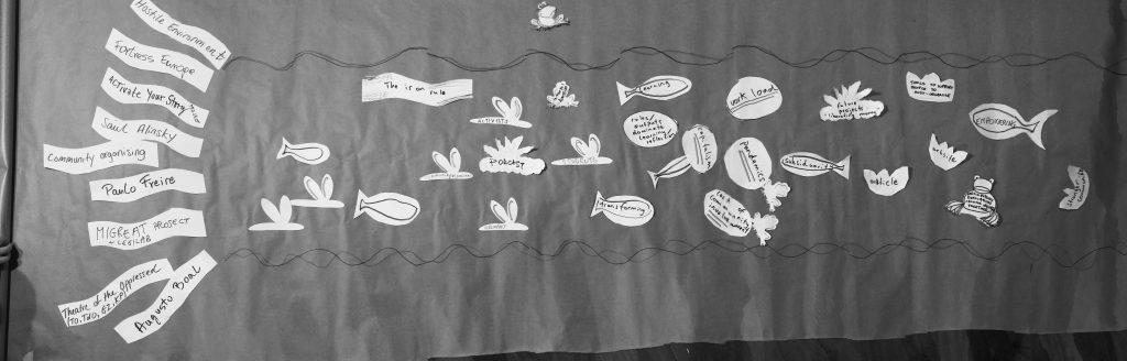 A photo of a community organising activity consisting of pieces of paper listing key themes on the lefthand side, and various shapes listing the tangible work pieces of the COFA project on the right