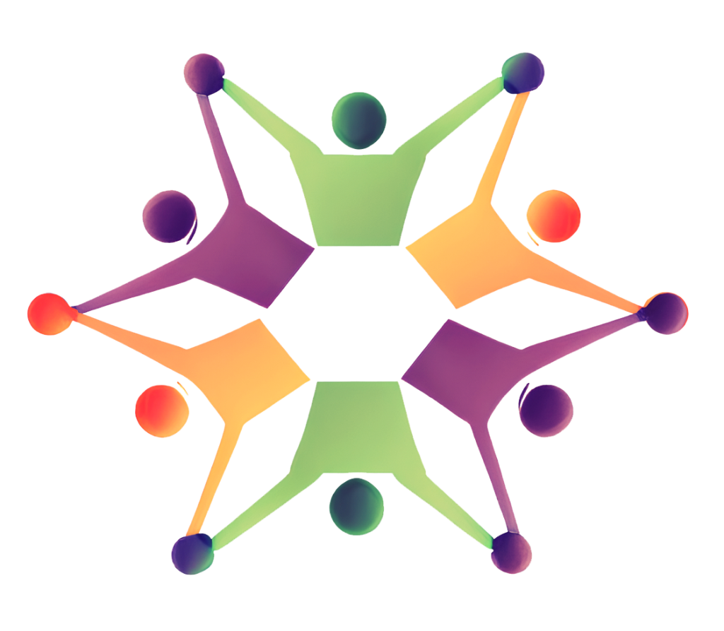 Community organising for all project logo showing six cartoon figures holding handings in a circle